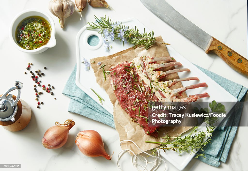 Raw Rack of Lamb with ingredients