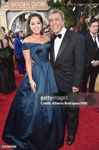 73rd ANNUAL GOLDEN GLOBE AWARDS -- Pictured: Actress Gina Rodriguez and boxing referee Genaro Rodriguez arrive to the 73rd Annual Golden Globe Awards...