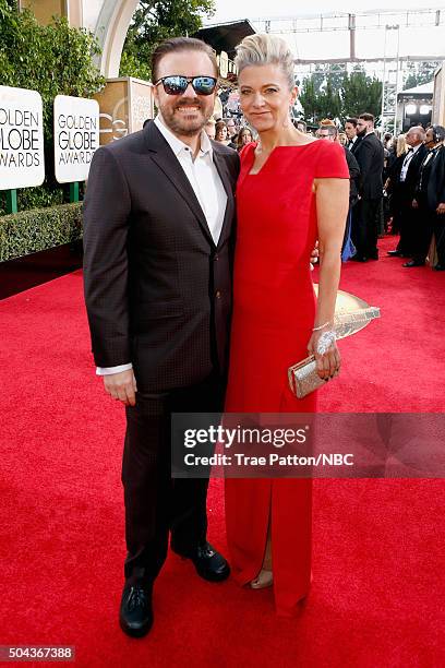 73rd ANNUAL GOLDEN GLOBE AWARDS -- Pictured: Actor Ricky Gervais and writer Jane Fallon arrive to the 73rd Annual Golden Globe Awards held at the...