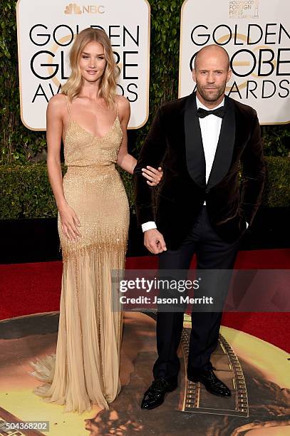 Actors Rosie Huntington-Whiteley and Jason Statham attend the 73rd Annual Golden Globe Awards held at the Beverly Hilton Hotel on January 10, 2016 in...