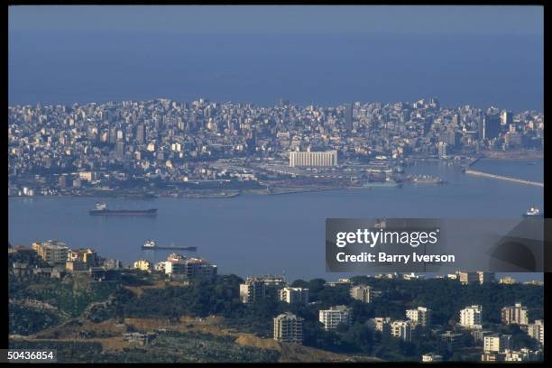 Harbor & skyline of W. Beirut in panorama fr. Mountains above on E. Side.