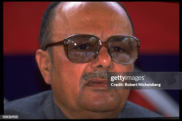 Arjun Singh, former Cabinet Min. & dissident Congress Party official expelled by party for disloyalty & public criticism of PM Rao, at news conf.
