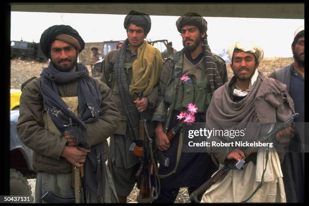 Taliban fighters at new radical Islamic faction's HQ, taken fr. Opposition Hekmatyar mujahedin by maj. Student army on top in factional civil war.