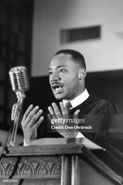 Civil Rights activist Rev Dr. Martin Luther King Jr gesturing during sermon at Ebenezer Baptist Church, Atlanta, Georgia, 1960.