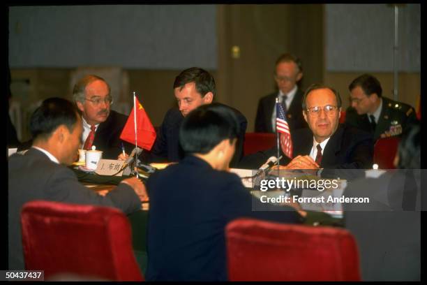 Amb. Stapleton, Sen. Nunn, Def. Secy. Perry, unident & Sen. Warner in table talks w. Chinese officials in Joint Def. Conversion Comm. Mtg.