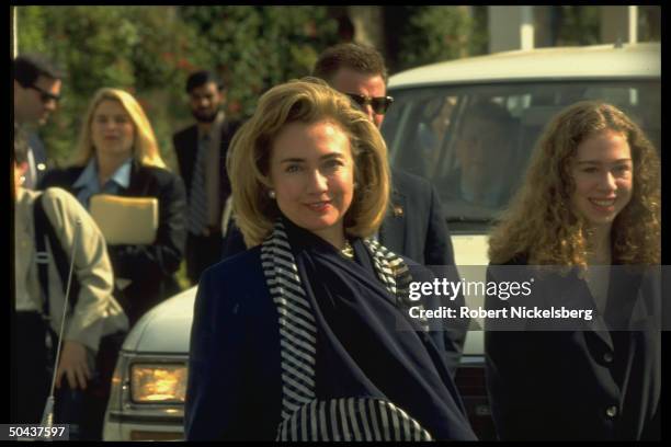 1st Lady Hillary Rodham Clinton & daughter Chelsea during visit to college for girls, on Asian tour stop in Islamabad, Pakistan.
