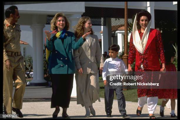 1st Lady Hillary Rodham Clinton & daughter Chelsea out strolling w. PM Benazir Bhutto & children Benazir & Bilawal, on Asian tour stop in Islamabad,...