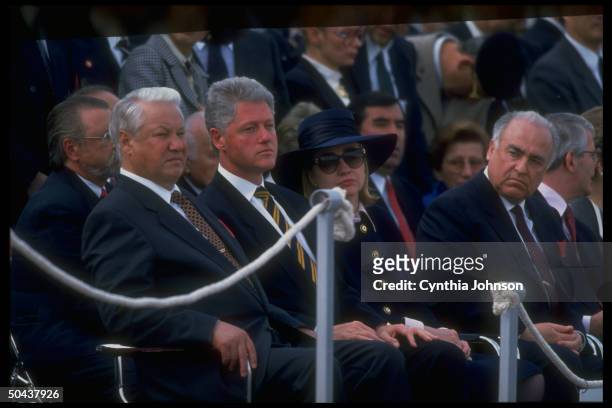 British Prime Minister Major, Russian Prime Minister Chernomyrdin, US Pres. & Mrs. Clinton & Pres. Yeltsin at museum dedication during WWII V-E Day...