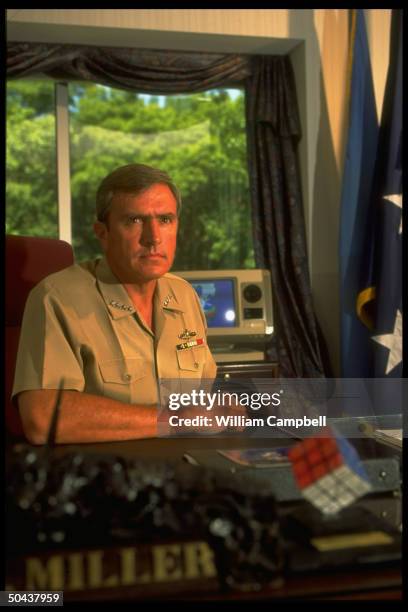 Adm. Paul Miller, Cmdr-in-Chief US Atlantic Command & Supreme Allied Cmdr. Atlantic, at his office desk , re US intervention in Haiti.