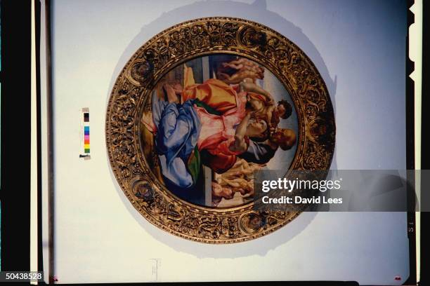 Michelangelo Buonarroti's Doni Tondo of the Holy Family , painted for patron Angelo Doni, at the Uffizi.