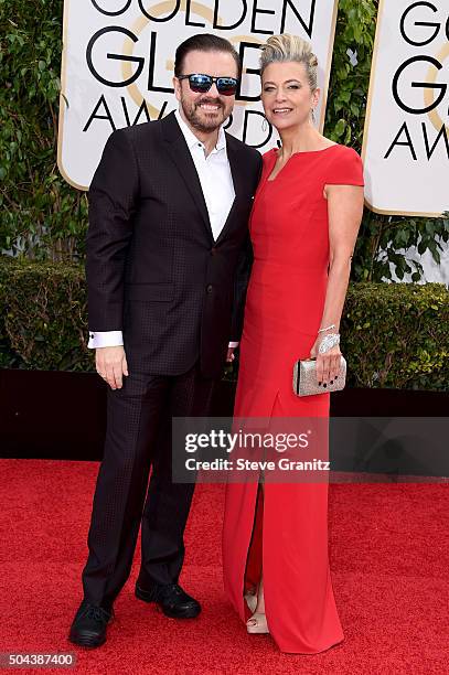 Host Ricky Gervais and Jane Fallon attend the 73rd Annual Golden Globe Awards held at the Beverly Hilton Hotel on January 10, 2016 in Beverly Hills,...