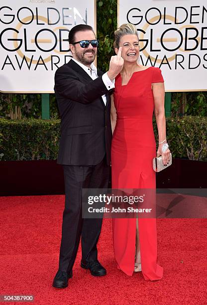 Host Ricky Gervais and Jane Fallon attend the 73rd Annual Golden Globe Awards held at the Beverly Hilton Hotel on January 10, 2016 in Beverly Hills,...