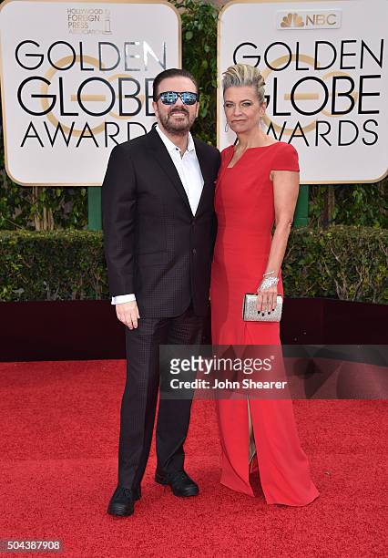 Host Ricky Gervais and Jane Fallon attend the 73rd Annual Golden Globe Awards held at the Beverly Hilton Hotel on January 10, 2016 in Beverly Hills,...