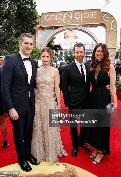 73rd ANNUAL GOLDEN GLOBE AWARDS -- Pictured: Writer/producer David Benioff, actress Amanda Peet, writer/producer D. B. Weiss and writer Andrea Troyer...