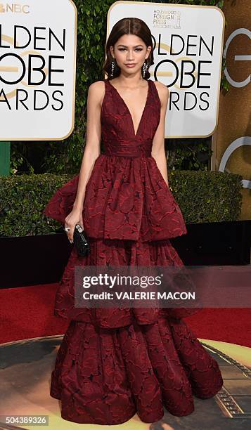 Zendaya arrives at the 73nd annual Golden Globe Awards, January 10 at the Beverly Hilton Hotel in Beverly Hills, California. AFP PHOTO / VALERIE...