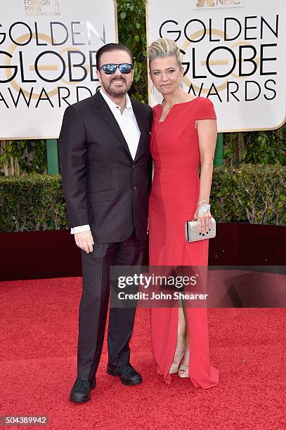 Host Ricky Gervais and Jane Fallon attend the 73rd Annual Golden Globe Awards held at the Beverly Hilton Hotel on January 10, 2016 in Beverly Hills,...