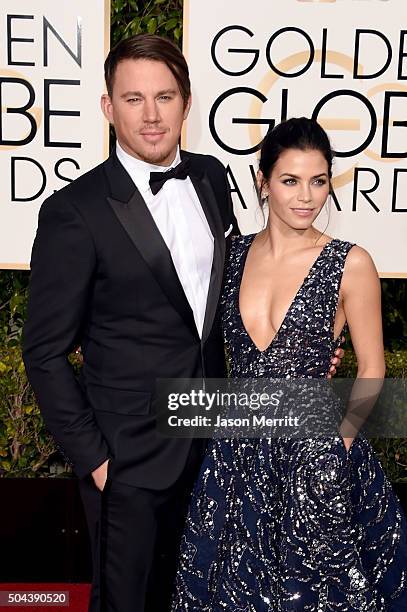 Actors Channing Tatum and Jenna Dewan Tatum attend the 73rd Annual Golden Globe Awards held at the Beverly Hilton Hotel on January 10, 2016 in...