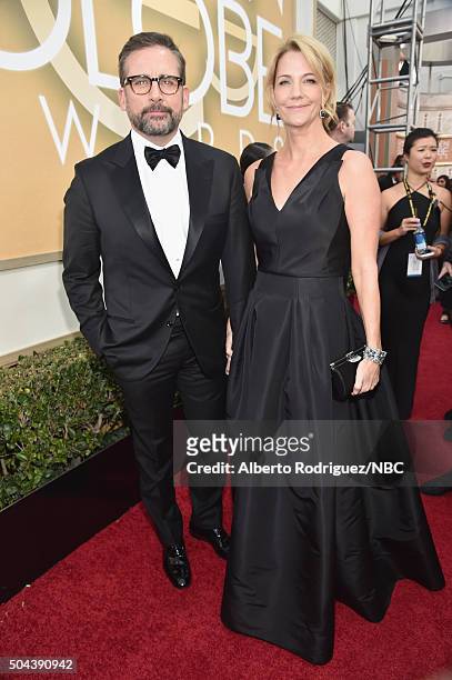 73rd ANNUAL GOLDEN GLOBE AWARDS -- Pictured: Actor Steve Carell and actress Nancy Carell arrive to the 73rd Annual Golden Globe Awards held at the...