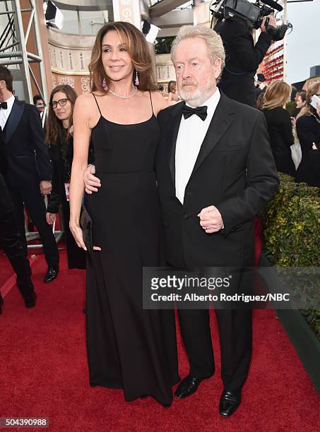 73rd ANNUAL GOLDEN GLOBE AWARDS -- Pictured: Actress Giannina Facio and director/producer Ridley Scott arrive to the 73rd Annual Golden Globe Awards...