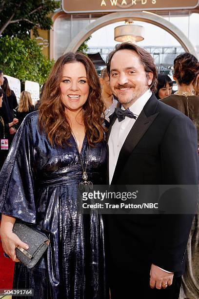 73rd ANNUAL GOLDEN GLOBE AWARDS -- Pictured: Actors Melissa McCarthy and Ben Falcone arrive to the 73rd Annual Golden Globe Awards held at the...