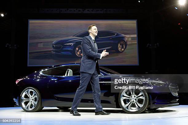 Duncan Aldred, Vice President of Global Buick Sales, Service and Marketing, reveals the Buick Avista Concept to the news media on the eve of the 2016...