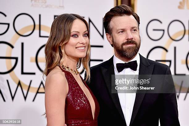 Actors Olivia Wilde and Jason Sudeikis attend the 73rd Annual Golden Globe Awards held at the Beverly Hilton Hotel on January 10, 2016 in Beverly...