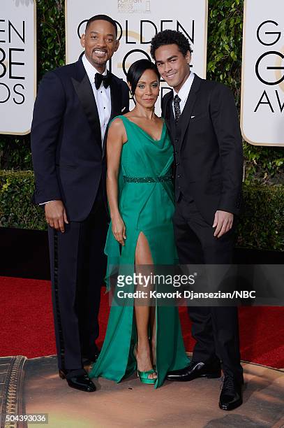 73rd ANNUAL GOLDEN GLOBE AWARDS -- Pictured: Actors Will Smith, Jada Pinkett Smith and Trey Smith arrive to the 73rd Annual Golden Globe Awards held...