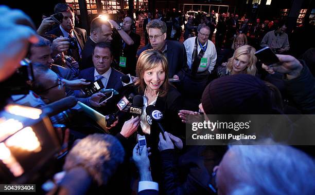 Mary Barra, Chairman and CEO of General Motors, speaks with the news media after the reveal of the new Buick Avista Concept at the Buick reveal on...