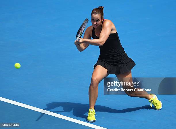 Jarmila Wolfe of Australia plays a backhand in the women's single's match against Naomi Osaka of Japan during day two of the 2016 Hobart...