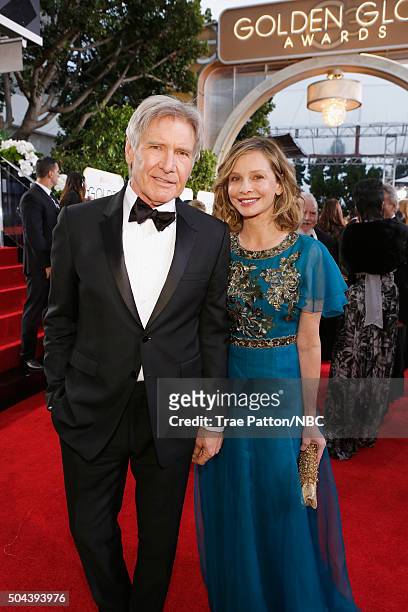 73rd ANNUAL GOLDEN GLOBE AWARDS -- Pictured: Actors Harrison Ford and Calista Flockhart arrive to the 73rd Annual Golden Globe Awards held at the...