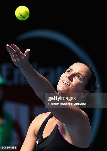 Jarmila Wolfe of Australia serves in the women's single's match against Naomi Osaka of Japan during day two of the 2016 Hobart International at the...