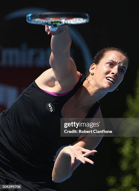 Jarmila Wolfe of Australia serves in the women's single's match against Naomi Osaka of Japan during day two of the 2016 Hobart International at the...