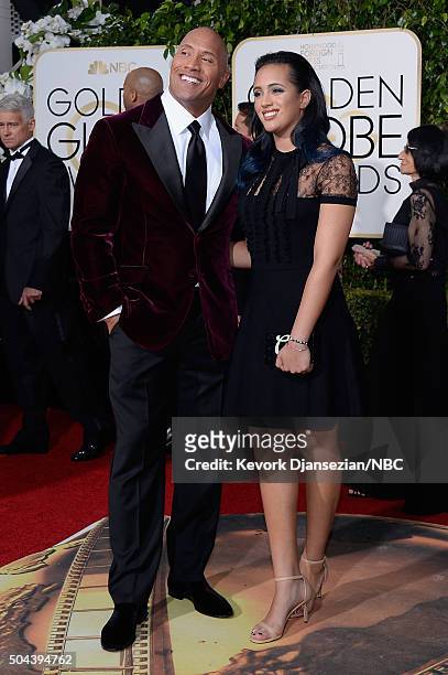 73rd ANNUAL GOLDEN GLOBE AWARDS -- Pictured: Actor Dwayne Johnson and Simone Alexandra Johnson arrive to the 73rd Annual Golden Globe Awards held at...