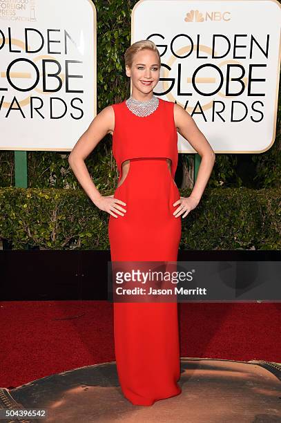 Actress Jennifer Lawrence attends the 73rd Annual Golden Globe Awards held at the Beverly Hilton Hotel on January 10, 2016 in Beverly Hills,...