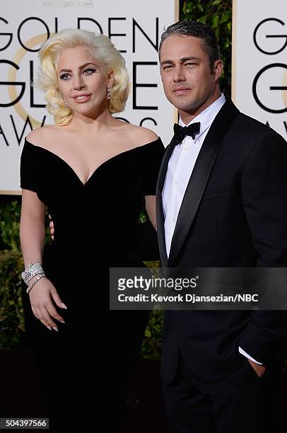 73rd ANNUAL GOLDEN GLOBE AWARDS -- Pictured: Singer/actor Lady Gaga and actor Taylor Kinney arrive to the 73rd Annual Golden Globe Awards held at the...