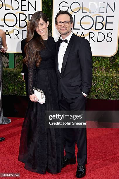 Actor Christian Slater and Brittany Lopez attend the 73rd Annual Golden Globe Awards held at the Beverly Hilton Hotel on January 10, 2016 in Beverly...