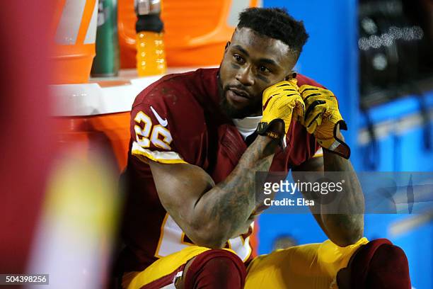 Cornerback Bashaud Breeland of the Washington Redskins looks on against the Green Bay Packers in the fourth quarter during the NFC Wild Card Playoff...
