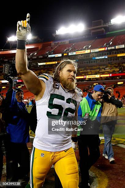 Inside linebacker Clay Matthews of the Green Bay Packers celebrates after the Green Bay Packers defeated the Washington Redskins 35-18 during the NFC...