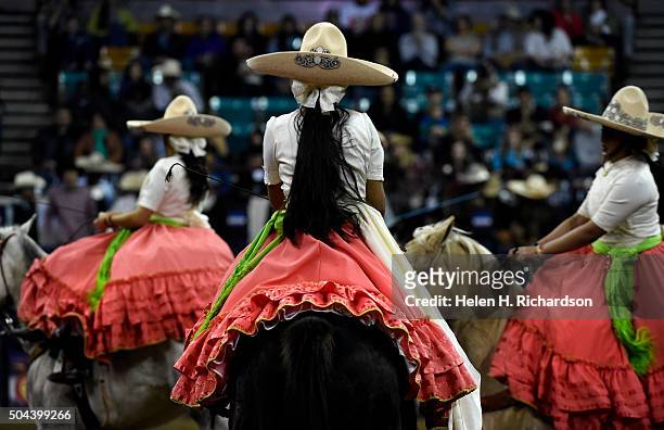 Escaramuza Charra Flor De Aguilena side saddle riders perform during...  News Photo - Getty Images