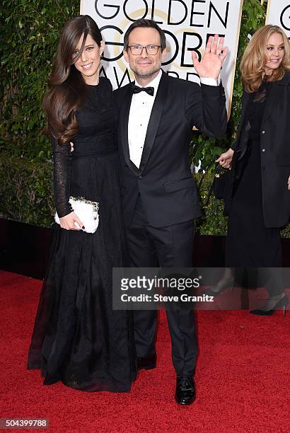 Actor Christian Slater and Brittany Lopez attend the 73rd Annual Golden Globe Awards held at the Beverly Hilton Hotel on January 10, 2016 in Beverly...