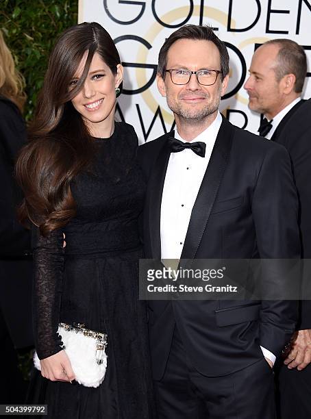 Actor Christian Slater and Brittany Lopez attend the 73rd Annual Golden Globe Awards held at the Beverly Hilton Hotel on January 10, 2016 in Beverly...