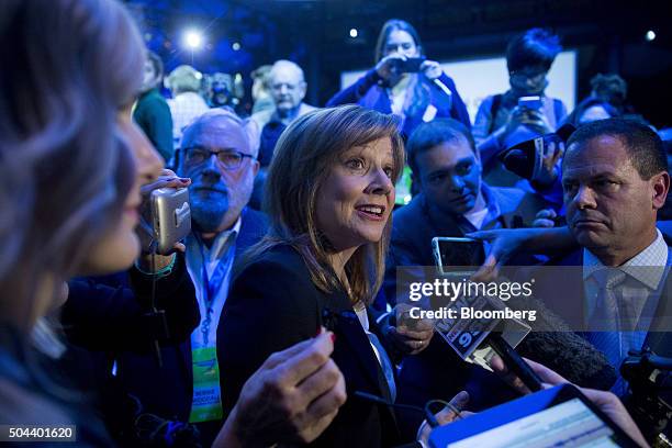 Mary Barra, chief executive officer of General Motors Co. , speaks to members of the media during a General Motors Co. Buick event ahead of the 2016...