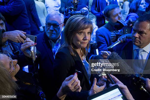 Mary Barra, chief executive officer of General Motors Co. , speaks to members of the media during a General Motors Co. Buick event ahead of the 2016...