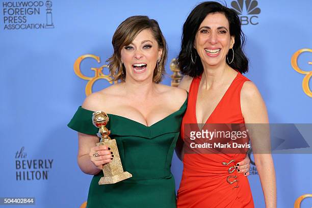 Actress Rachel Bloom, winner of Best Performance by an Actress in a Television Series - Musical or Comedy and screenwriter Aline Brosh McKenna, pose...