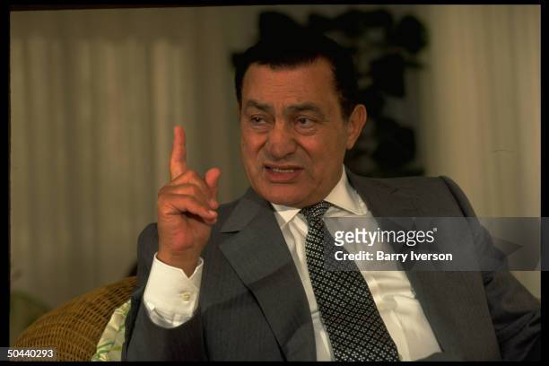 Egyptian Pres. Hosni Mubarak speaking in TIME interview at presidential residence.