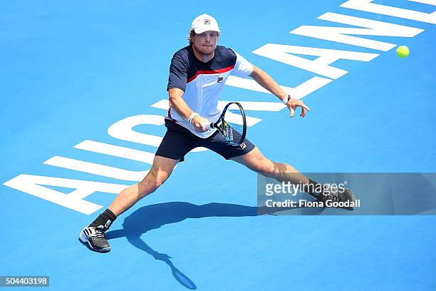 Matthew Barton of Australia returns a shot to Steve Johnson of USA during day one of the men's 2016 ASB Classic at the ASB Tennis Centre on January...