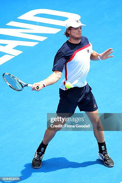 Matthew Barton of Australia returns a shot to Steve Johnson of USA during day one of the men's 2016 ASB Classic at the ASB Tennis Centre on January...