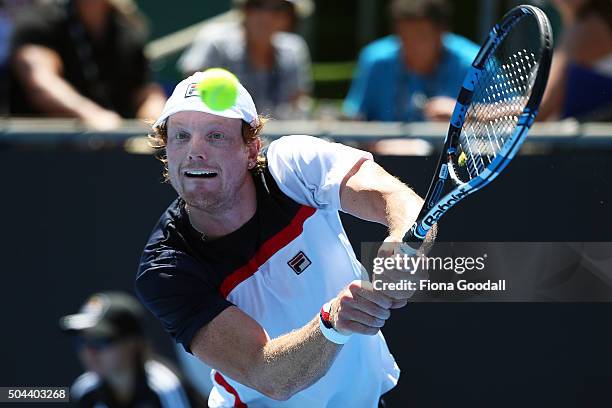 Matthew Barton of Australia returns a shot to Steve Johnson of USA during day one of the men's 2016 ASB Classic at the ASB Tennis Centre on January...