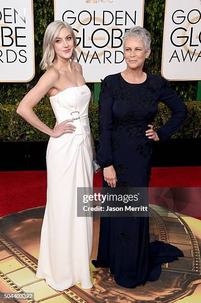 Actress Jamie Lee Curtis and Annie Guest attend the 73rd Annual Golden Globe Awards held at the Beverly Hilton Hotel on January 10, 2016 in Beverly...