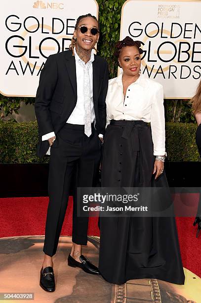 Rapper Wiz Khalifa and Peachie Wimbush attend the 73rd Annual Golden Globe Awards held at the Beverly Hilton Hotel on January 10, 2016 in Beverly...